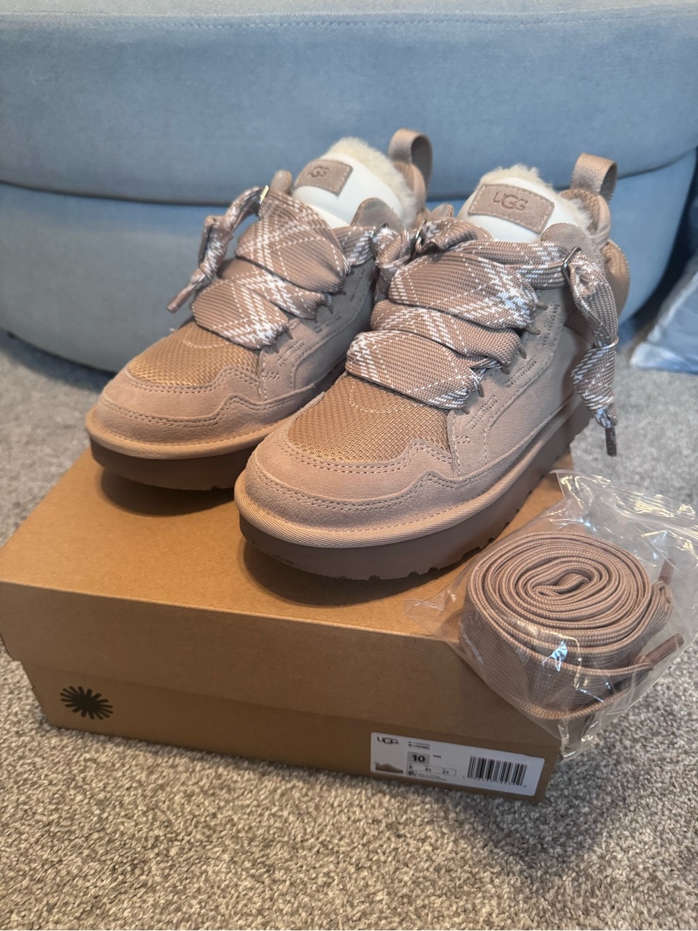 UGG women’s Lowmel Blush Suede & Mesh Lace-Up Sneakers with Shearling Trim